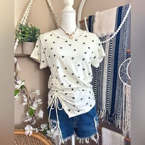 Lucky Brand Heart Print Cream/Black Asymmetrical Front Tie Ruched T Shirt